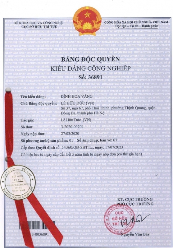GIẤY CHỮNG NHẬN BẰNG ĐỘC QUYỀN KIỂU DÁNG